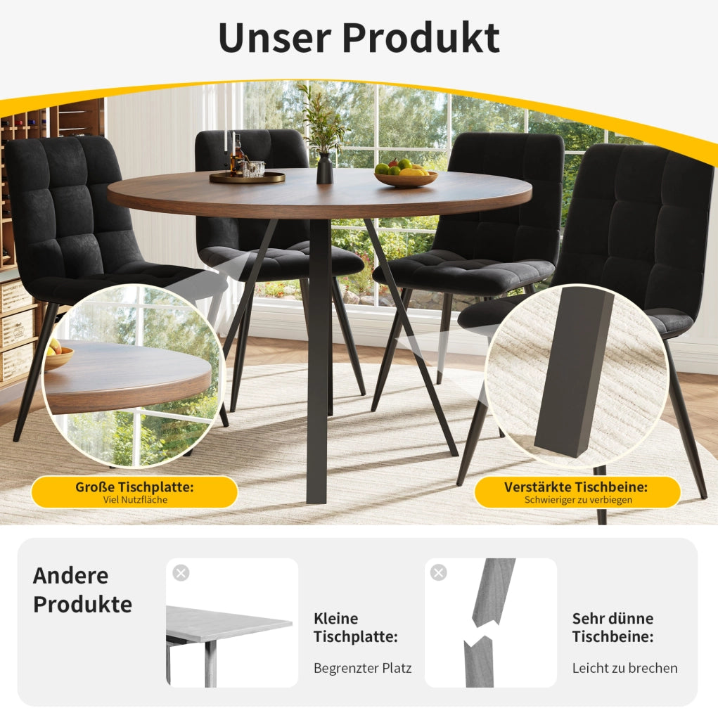 Set tavolo da pranzo 80x80 cm con 4 sedie in velluto noce e nero