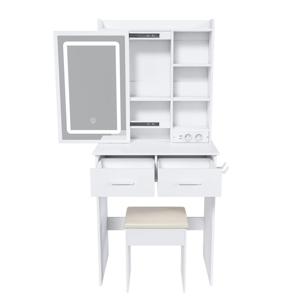 Toeletta con specchio e illuminazione LED regolabile; 2 cassetti e sgabello imbottito bianco