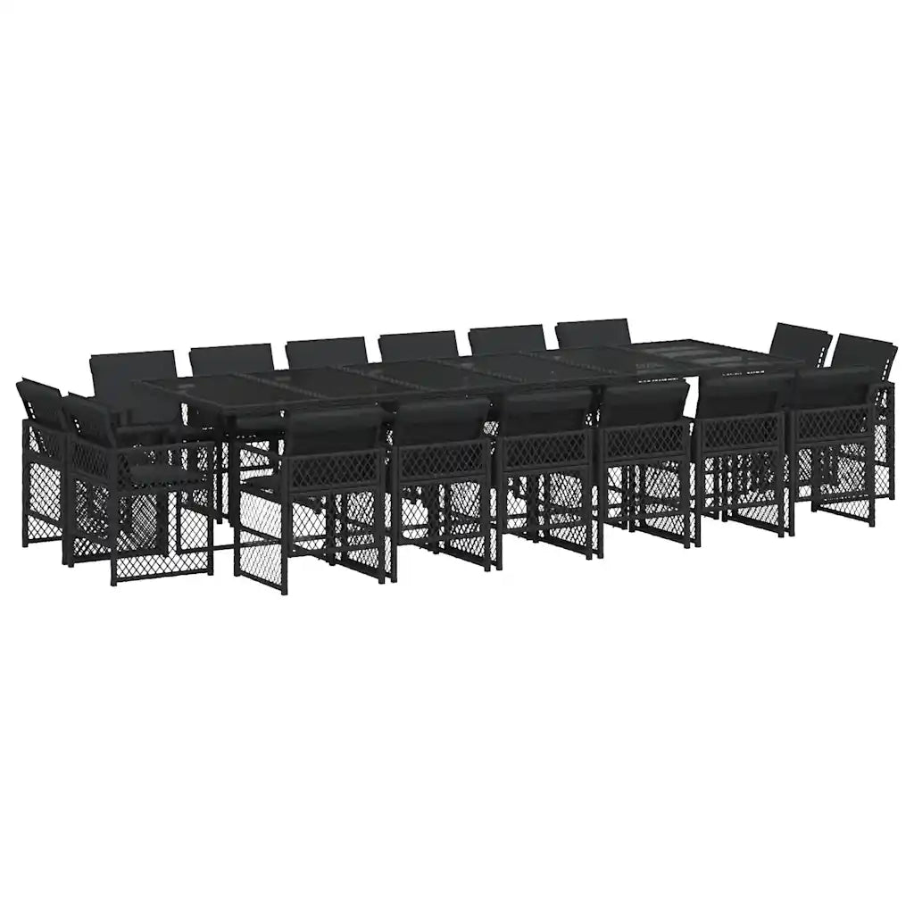 Set da Pranzo da Giardino 17 pz con Cuscini Nero in Polyrattan