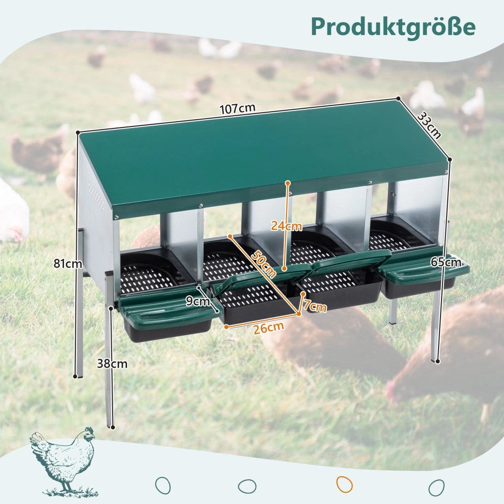Scaffale con 4 nidi e coperchio di protezione per galline in acciaio zincato verde 24 × 26 cm