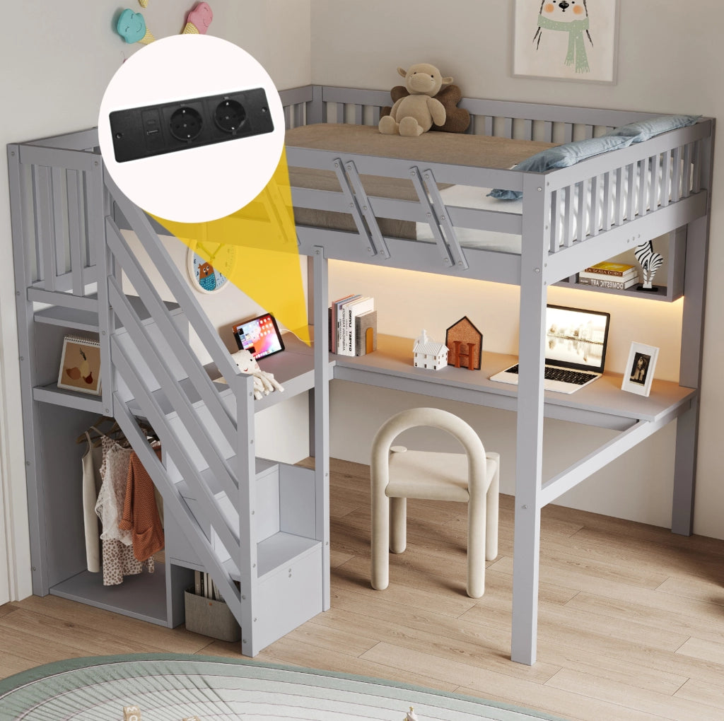 Letto a soppalco 140x200 cm con scrivania; scale contenitore; LED e prese; grigio