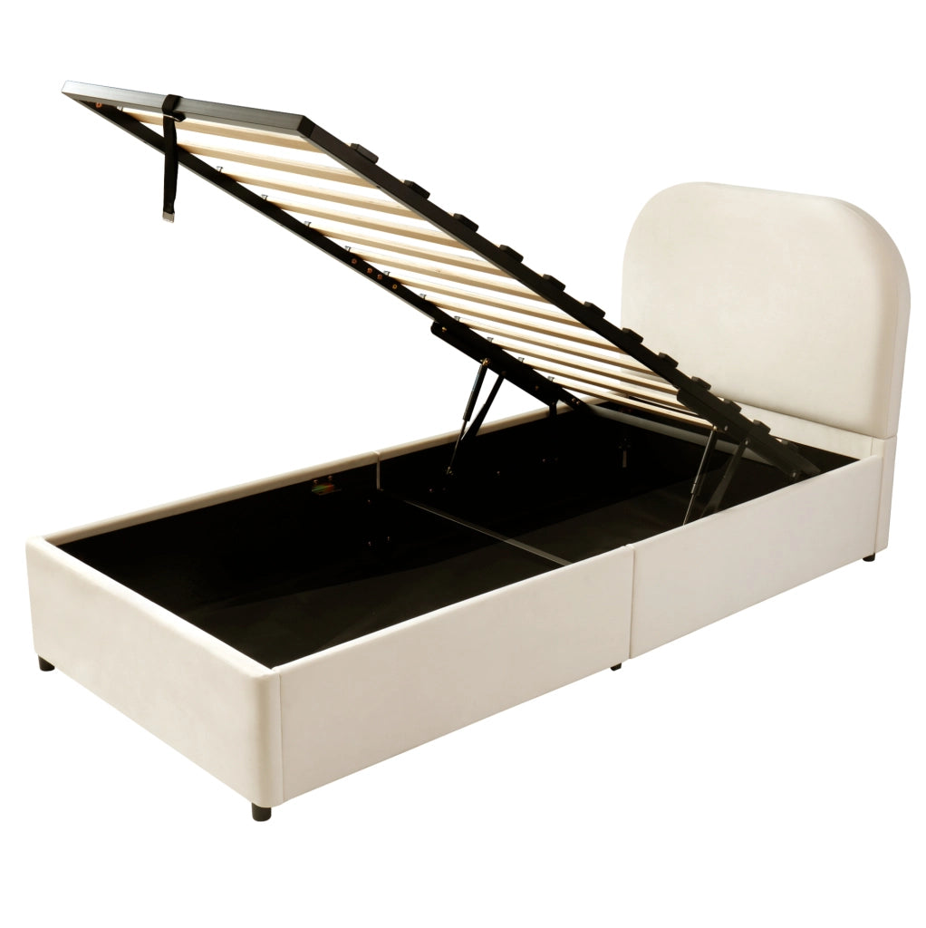 Letto imbottito singolo con contenitore idraulico; testiera imbottita in velluto beige