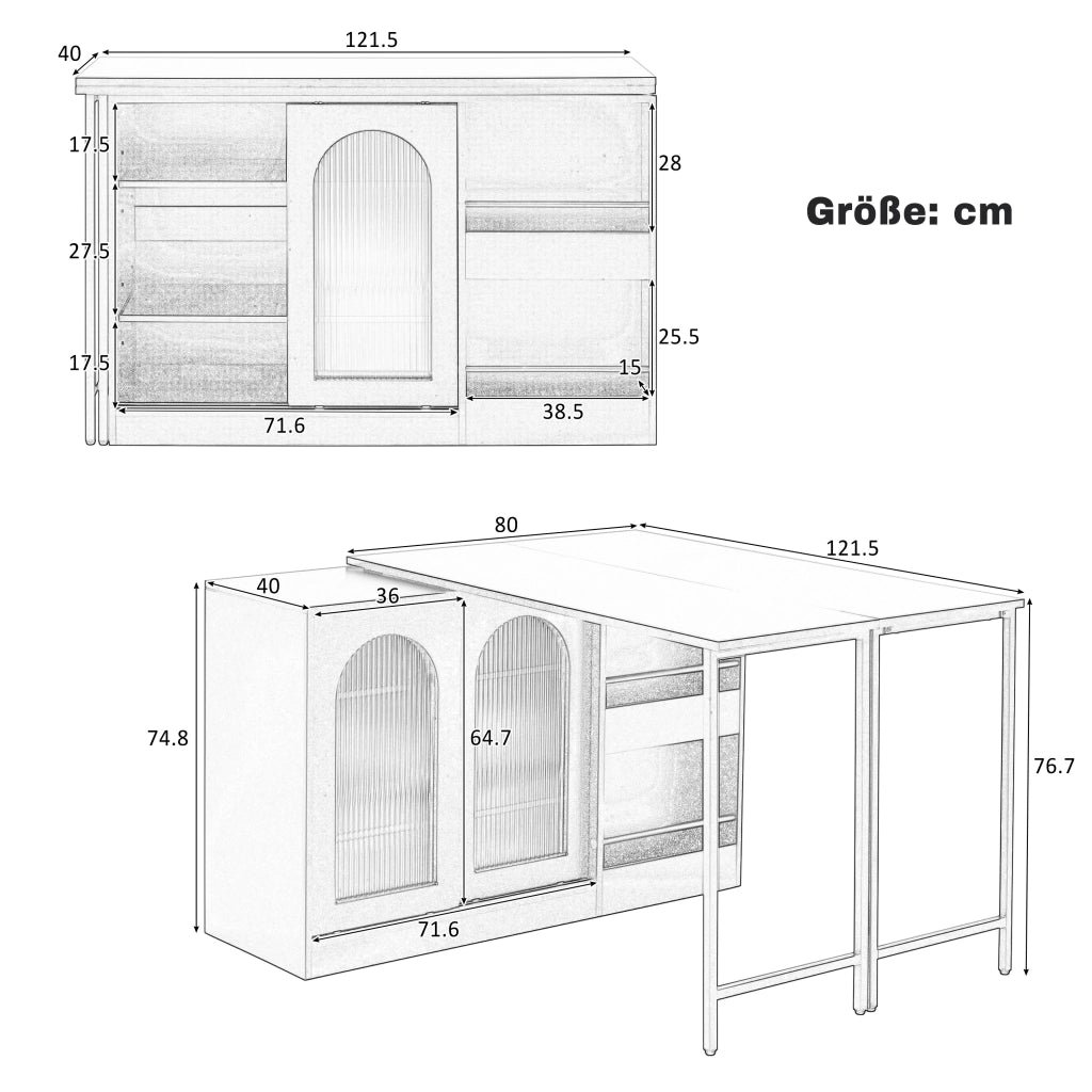 Tavolo bar da cucina con 1 anta; 2 ripiani regolabili e piani ribaltabili girevoli; in MDF; 121.5x40x76.7 cm; Bianco