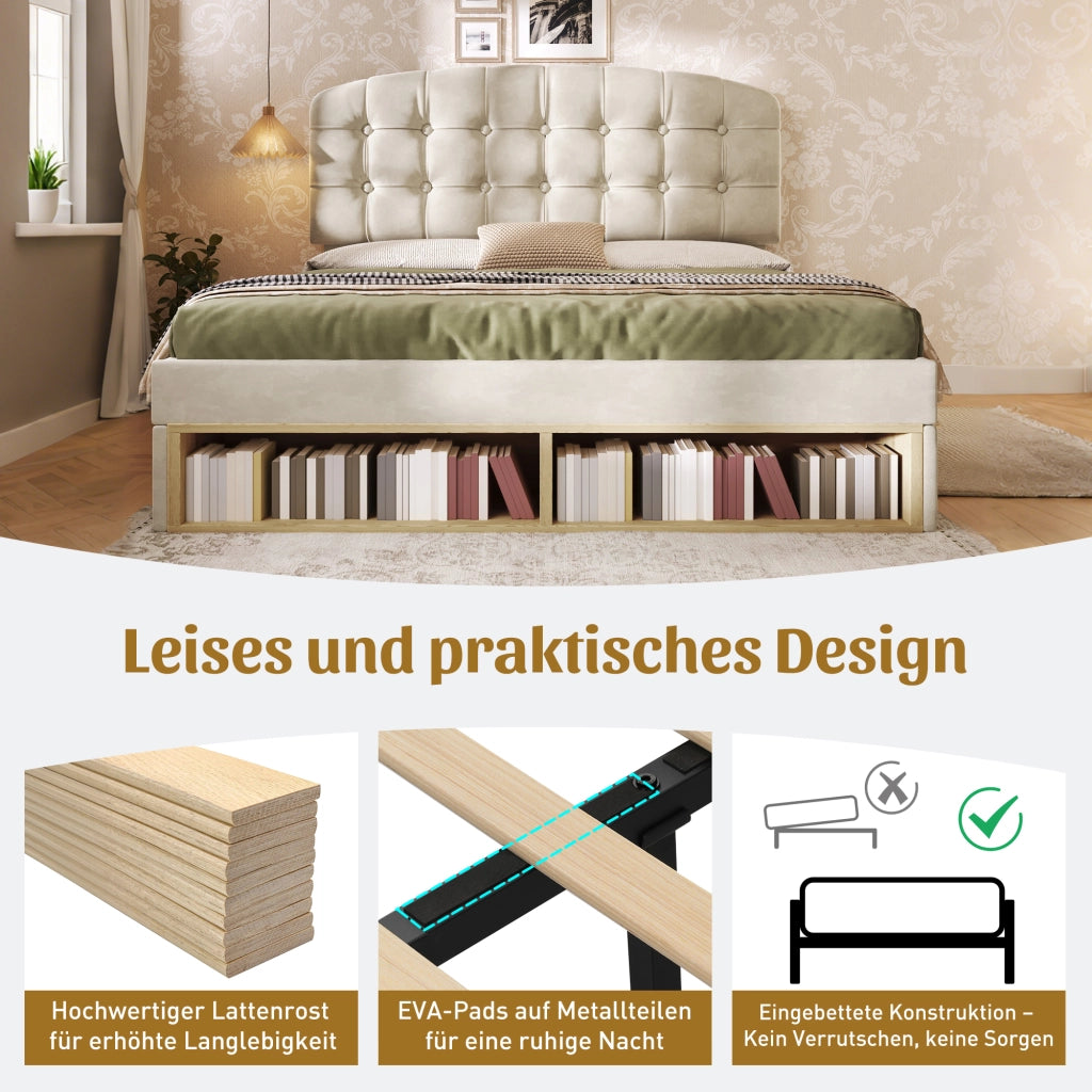 LETTO imbottito 140x200 cm in velluto beige con testiera regolabile e cassetti
