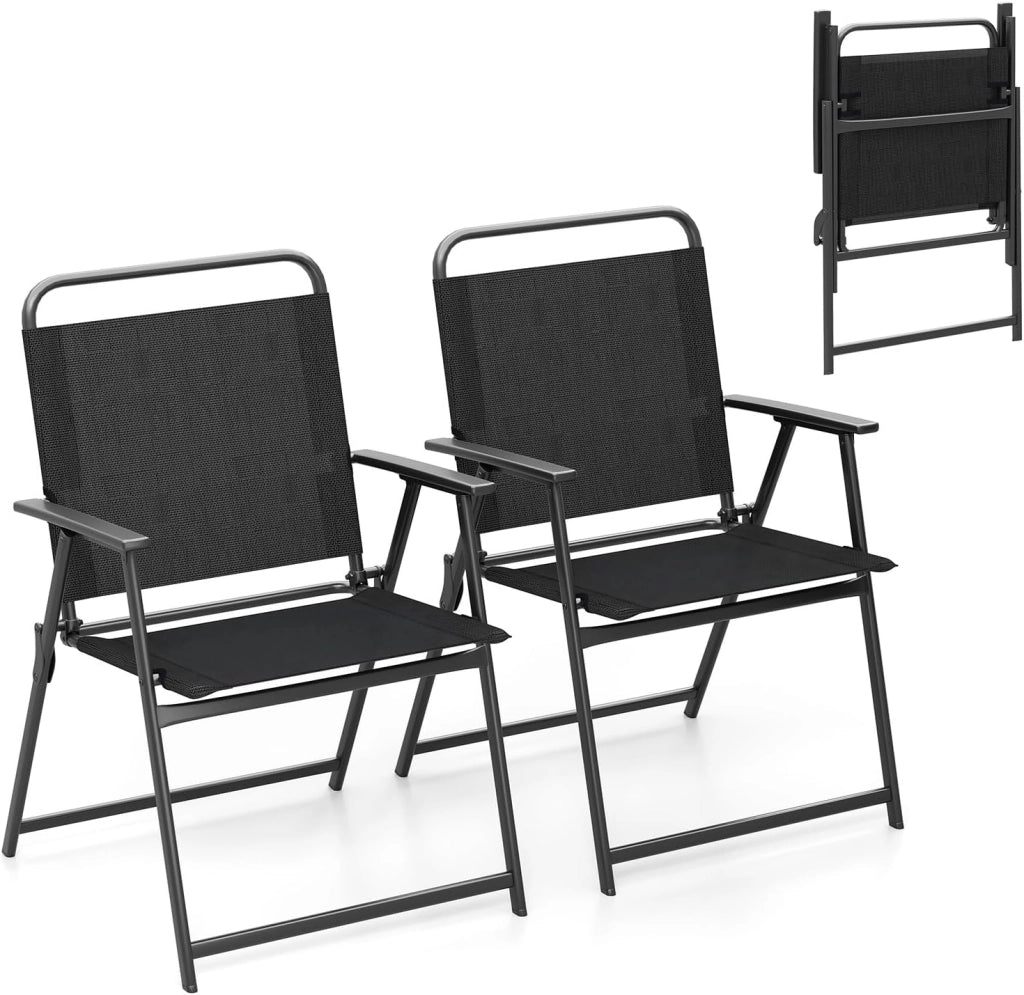 Set di 2 sedie pieghevoli da giardino portatili con schienale alto e braccioli, sedie da campeggio con telaio in metallo, per veranda, balcone