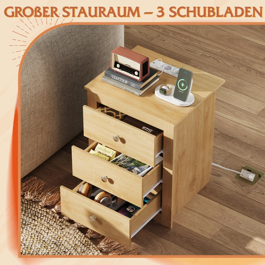 Comodino 3 Cassetti con USB e Prese ¨C zephmum ¨C Legno Rovere 40x40x50 cm