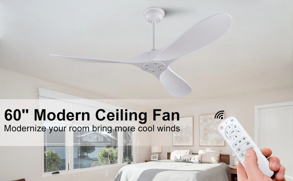 Ventilatore da soffitto bianco 60 pollici senza luce con telecomando, pale ABS, motore DC reversibile, timer, moderno per camere e terrazze