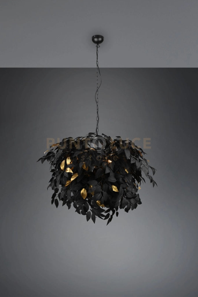 LEAVY SOSPENSIONE GRANDE FOGLIE LAVABILI NERO E ORO D. 70CM 4 LUCI ATTACCO E14