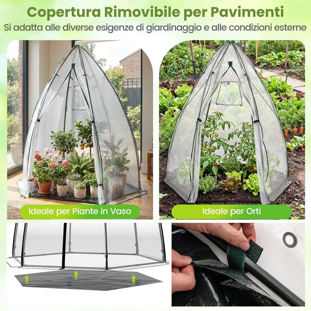 Mini Serra da Giardino 160 x 139 x 182 CM, Serra a Cupola Piccola da Esterno con Copertura in PE a Bolle Pesante, Porta con Cerniera, Finestra a Rete, Copertura del Pavimento
