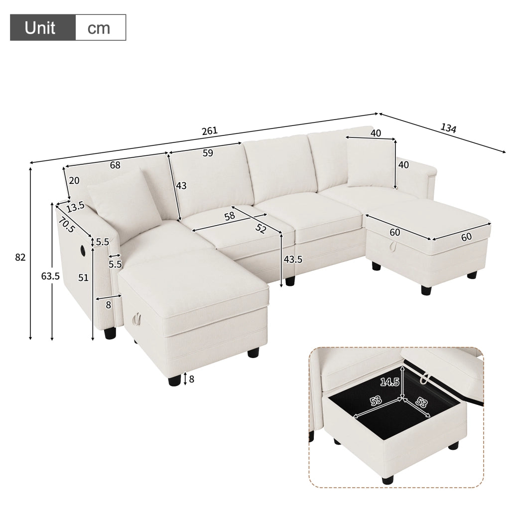 Divano modulare in ciniglia con 2 pouf contenitore; USB e Type-C; 261x134x82 cm; beige