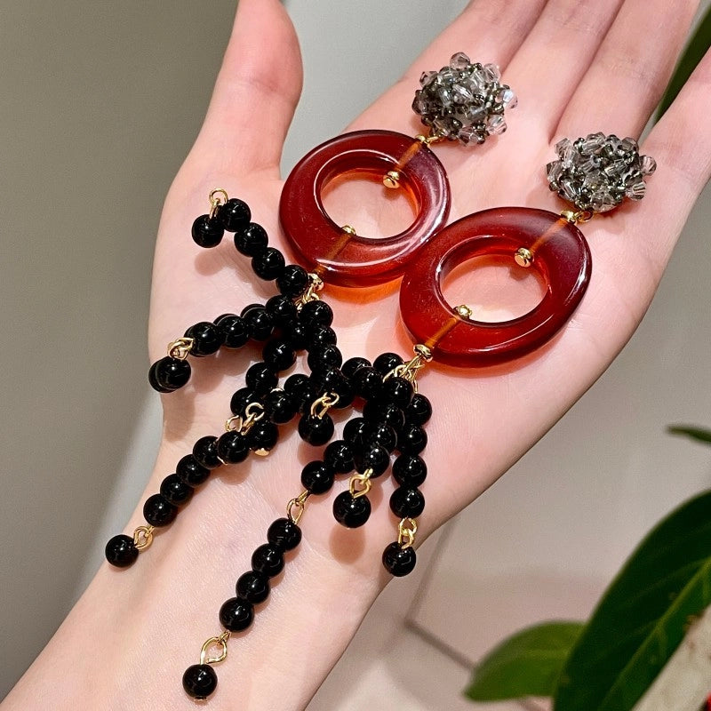 Orecchini in stile vintage con cristalli, perni ovali di cristallo nero di tonalit¨¤ media, marrone medio.