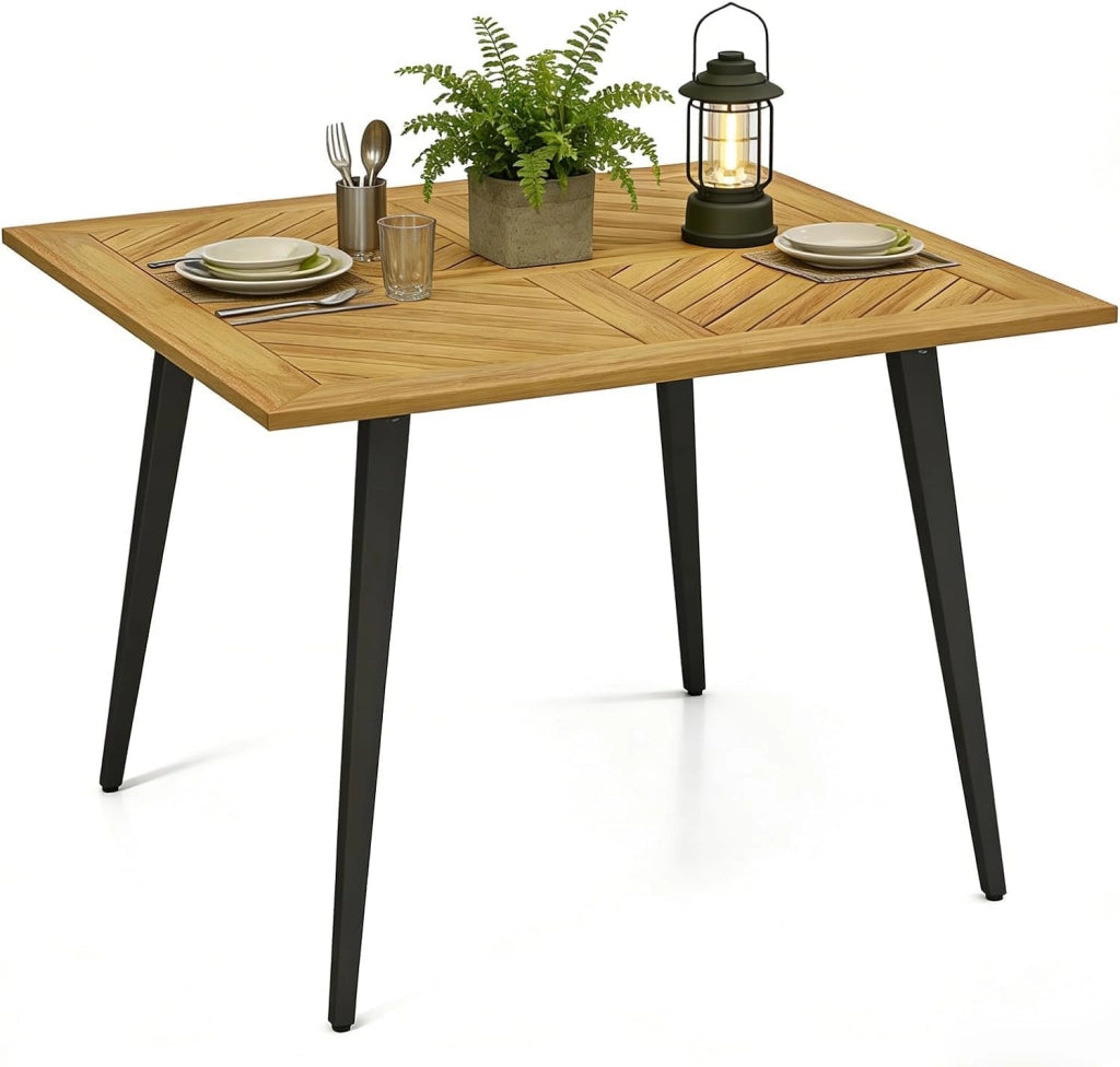 Tavolo da Esterno in Legno di Acacia, Tavolo Rettangolare con Struttura in Acciaio, Foro per Ombrellone 5 cm, Tavolo Pranzo Giardino per Giardino Cortile Balcone, Portata 75 kg (107 x 107 cm)