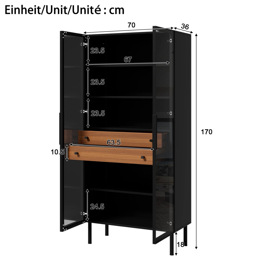 Vetrina con 2 ante in vetro, LED controllato da app, 2 cassetti e ripiani, per soggiorno, nero, 70 × 36 × 170 cm