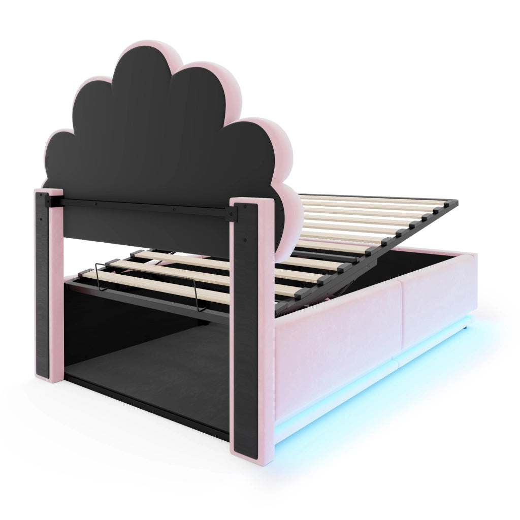 Letto singolo 90×200 cm con contenitore idraulico; LED e testiera a fiore; senza materasso; velluto; rosa
