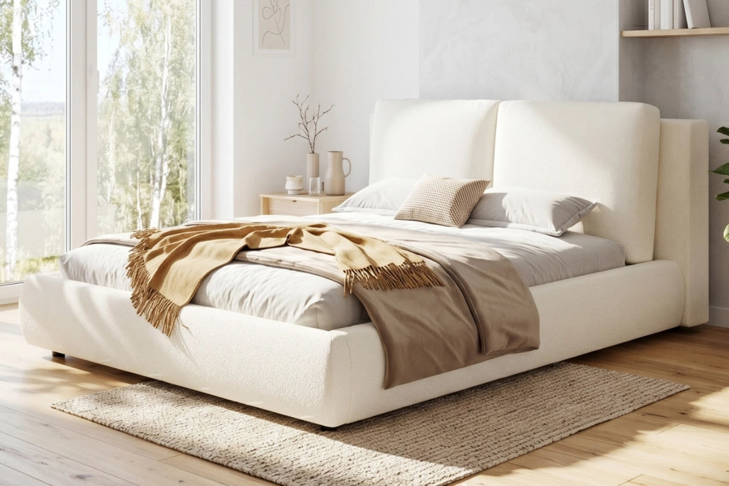 Letto matrimoniale 180 × 200 cm con rete a doghe e testiera imbottita, senza materasso, bouclé beige