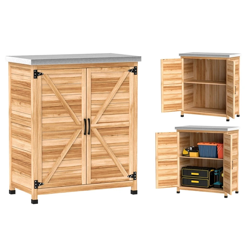 Gartenschrank da esterno in legno di abete con ripiano interno e piano di lavoro zincato, 79x43x92 cm