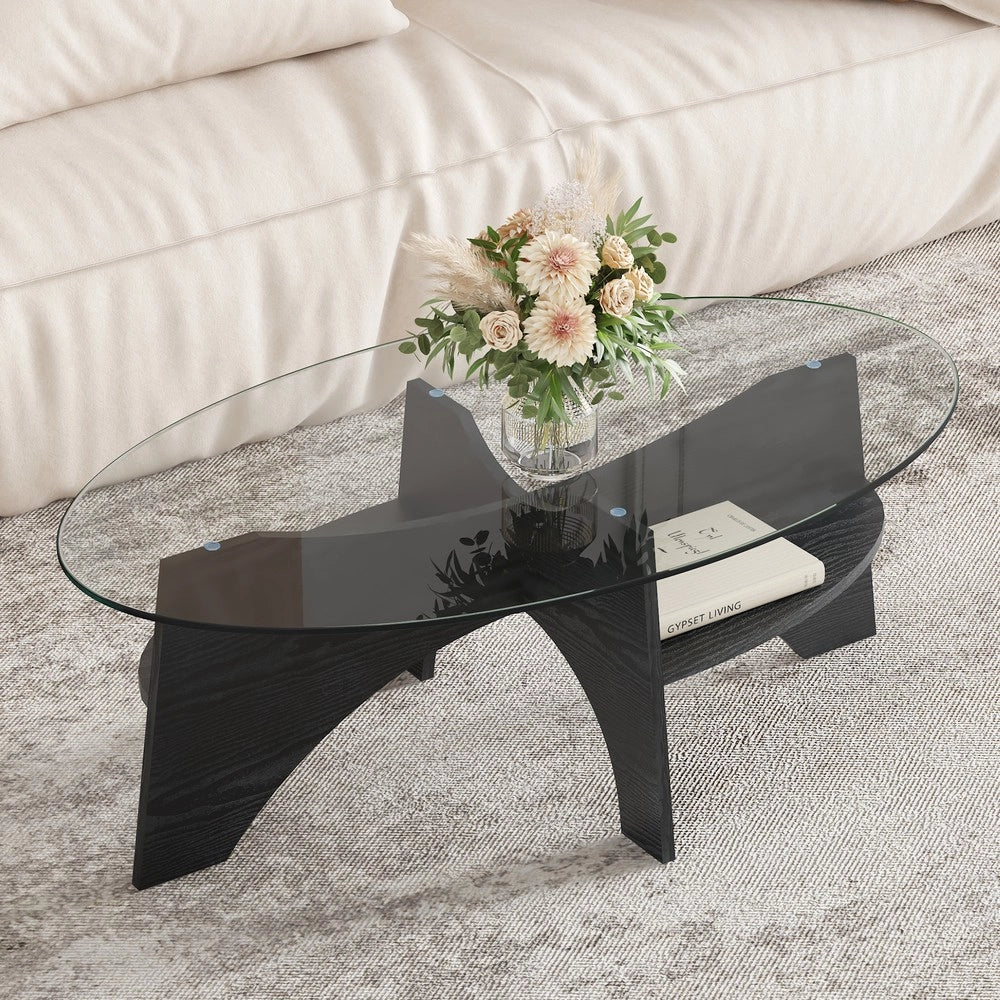 Tavolino Ovale in Vetro Temperato ¨C MINIMAL ¨C Piano Trasparente, Gambe MDF Nero, 104x60 cm