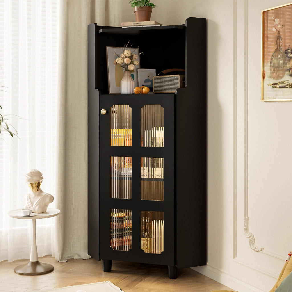 Mobile angolare con LED da app, vano aperto e vetrina a 2 livelli, per soggiorno e bagno, in MDF nero, 63.5 × 124 cm