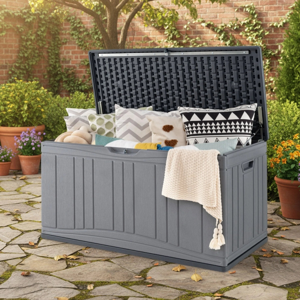 Cassa per patio 300 l contenitore in hdpe impermeabile, Cassa per patio contenitore per attrezzi da giardinaggio Grigio-Casette da giardino