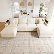 Divano modulare angolare in corduroy beige con USB, supporto telefono, contenitore e cuscini