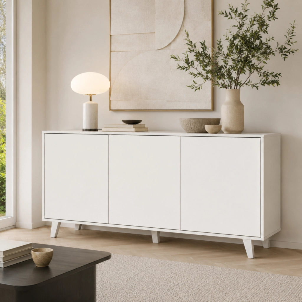 Madia Moderna 3 Ante Senza Maniglie Credenza Mobile Contenitore Design Minimal Con Piedini Rialzati Per Zona Living 154 X 72 X 40 Cm Bianco