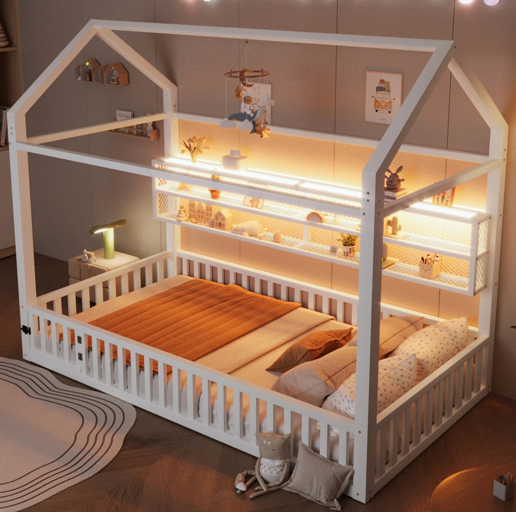 Letto a casetta a piattaforma 90x200 in metallo bianco con LED e sponda di sicurezza