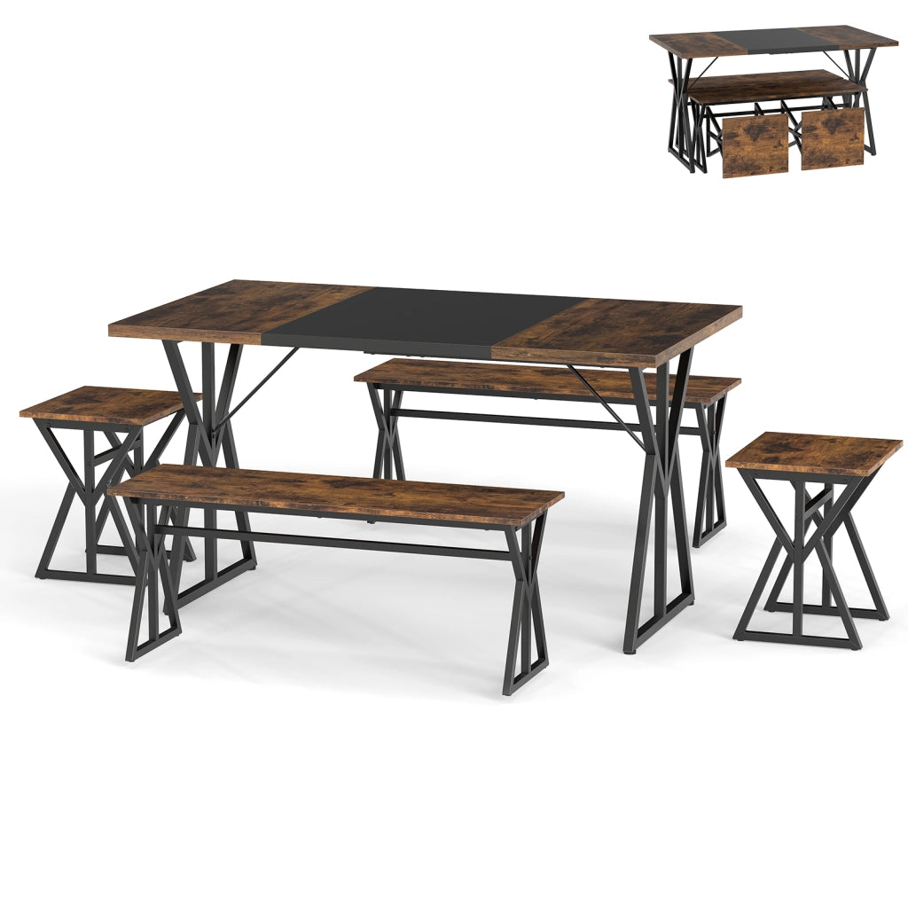 Tavolo e sedie-Set pranzo 5 pezzi 4-6 persone metallo industriale rettangolare cucina-Set tavolo 2 panchi 2 sgabelli