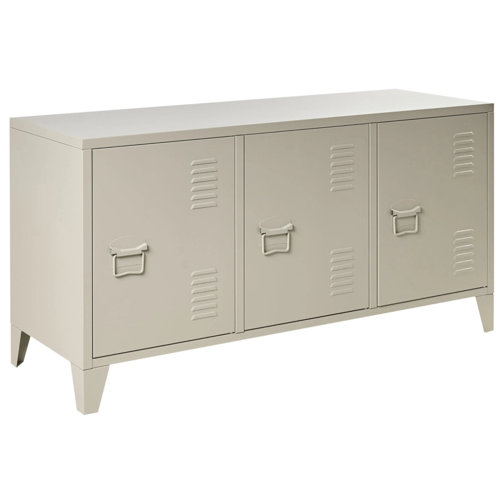 Credenza in metallo beige 120 x 40 cm 3 ante ripiani gambe fessure di ventilazione gestione dei cavi mobile TV industriale home office
