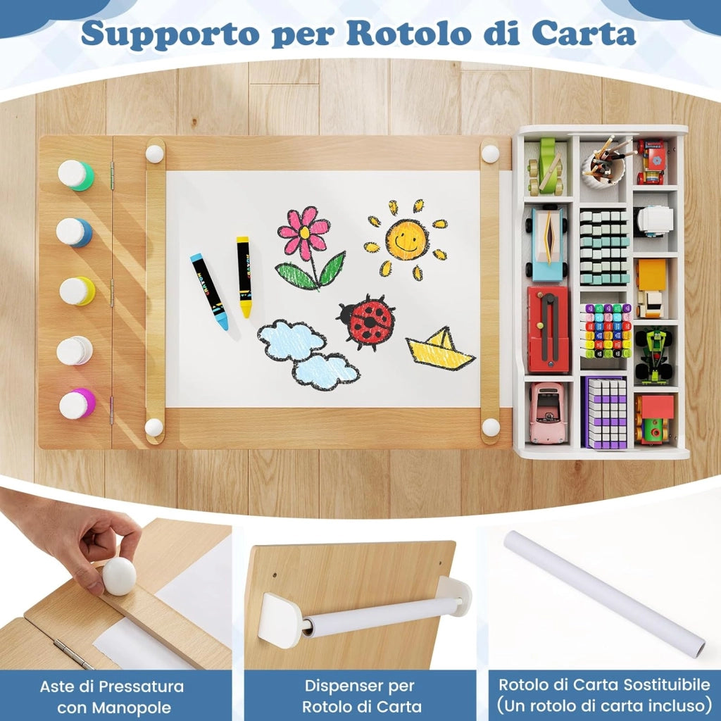 Set Tavolo e Sedie per Bambini con Rotolo di Carta, Tavolino per Cameretta con 2 Sedie, Piano Ribaltabile, Ripiani, 8 Bicchieri per Pittura, 2 Cassetti Nascosti e 2 Ceste di Tessuto (Naturale)