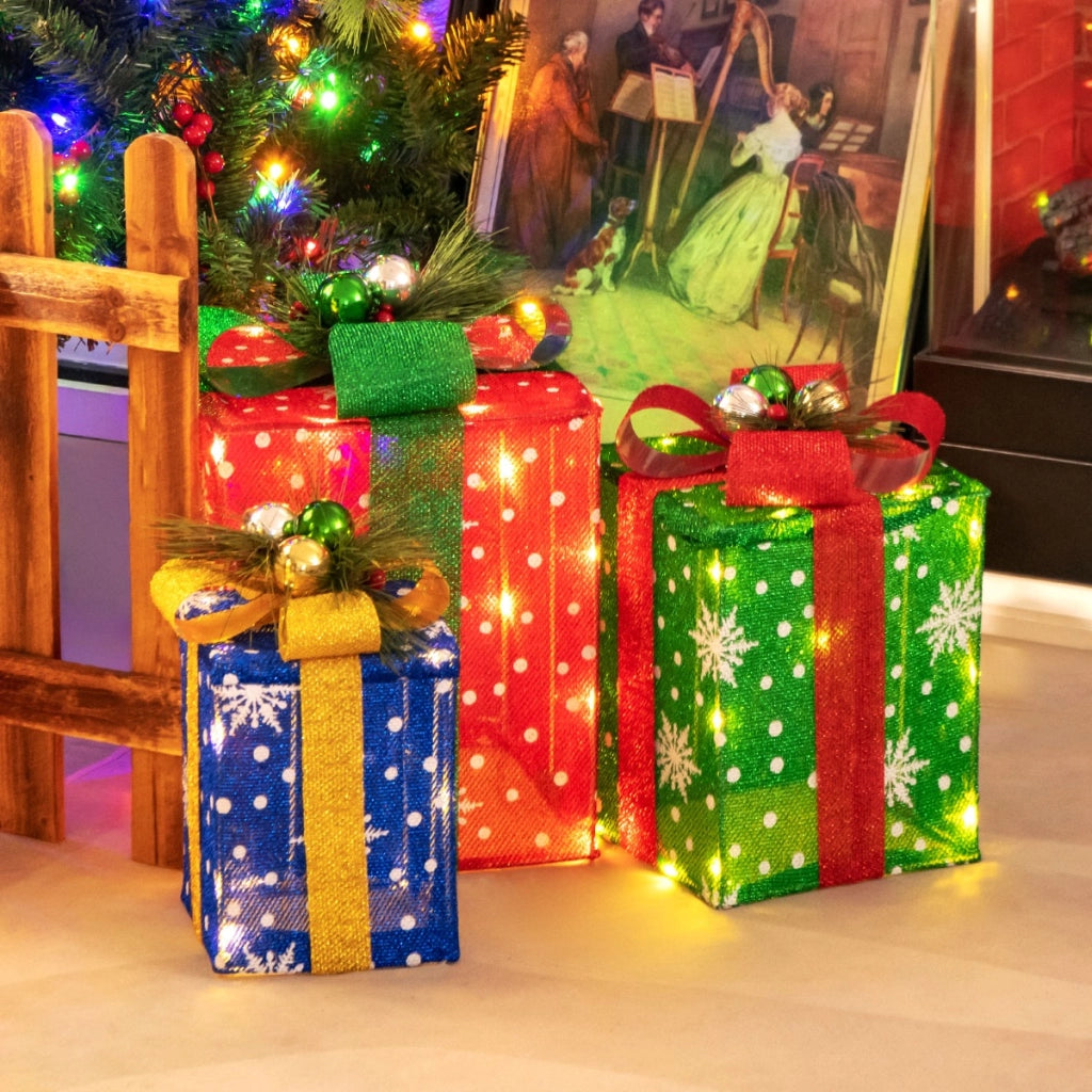 3 Decorazioni scatola regalo di natale, Set di scatole regalo illuminate con 52 luci LED per cortile prato portico-Decorazioni natalizie