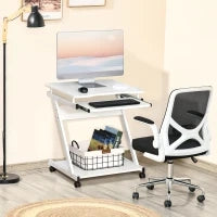 Tavolo Porta PC Classico e Salvaspazio, Piano Tastiera a Scomparsa, 4 Ruote e Ripiano Inferiore Bianco 60x48x73cm