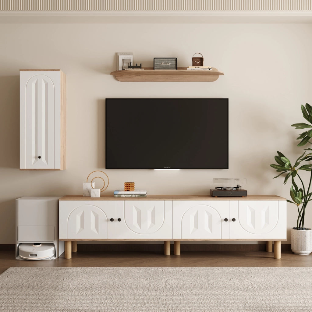 OKWISH Set Mobile TV da Parete 3 Pezzi con Mobile TV, Vetrina e Mensola, Ante Intagliate, Pannelli di Particelle Bianco e Naturale