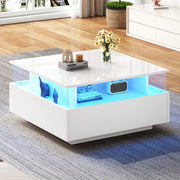 Tavolino da salotto moderno bianco 70x70x41 cm con LED; 2 cassetti e vano trasparente