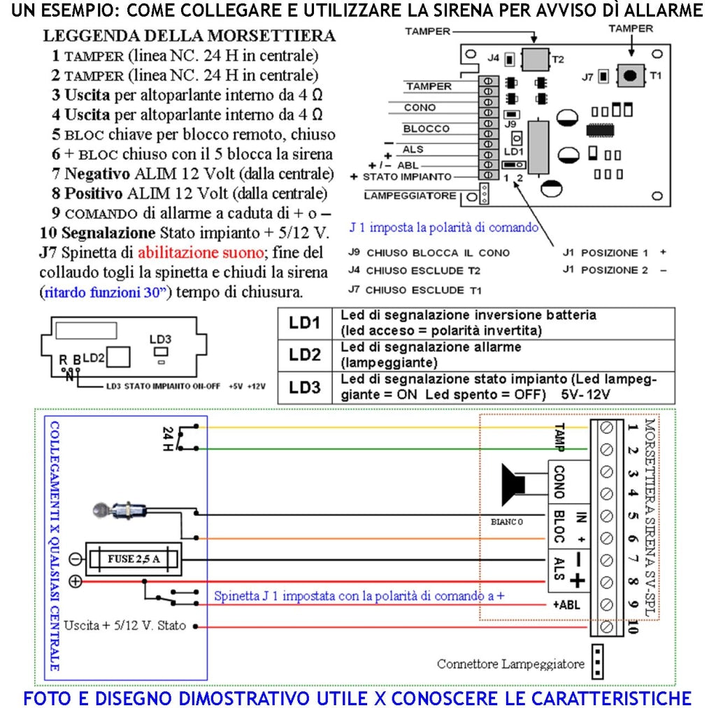 Sirena Con Lampeggiante a Led da Esternoa Frequenza A/B 1724/2475 Hz Melodia Bitonale 110 dB Allarme Caduta +/- Alimentazione 12 V Segnale di Stato Impianto Antifurto Può Contenere Batteria 12 V 2 Ah