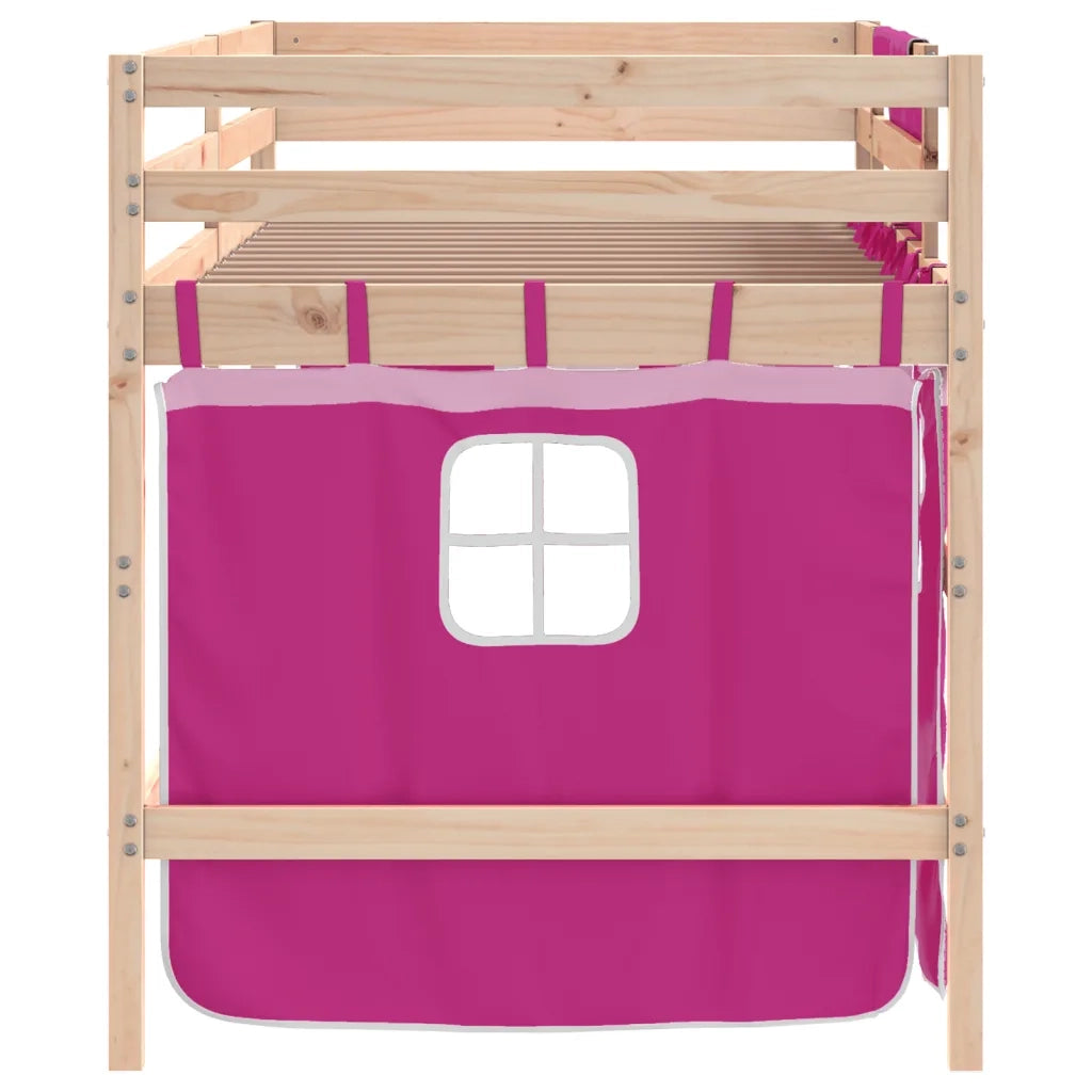 Letto a Soppalco con Tende Bambini | Letto Infantile | Lettino Rosa 80x200 cm Massello Pino