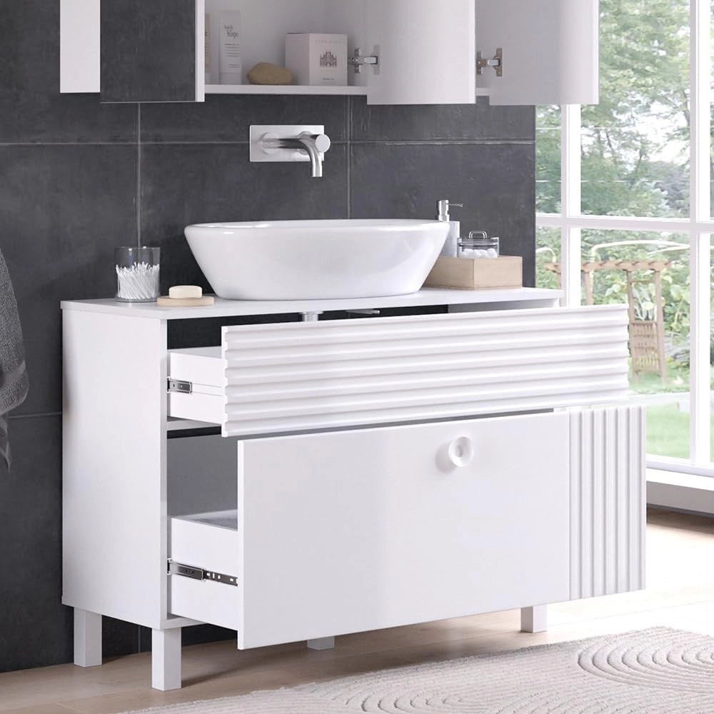 Mobile sottolavabo per bagno Sola, Bianco, 100.2 x 72.4 cm con 2 cassetti, adatto al montaggio a parete per spazio di archiviazione aggiuntivo