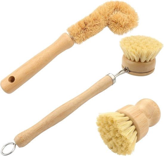 Tre set di spazzole per lavastoviglie naturali, 2 spazzole per piante + 1 spazzola per bottiglie di cocco biologico, spazzola per pulizia in legno ecologo per cucina, utilizzabile per piatti, pentole, bacinelle