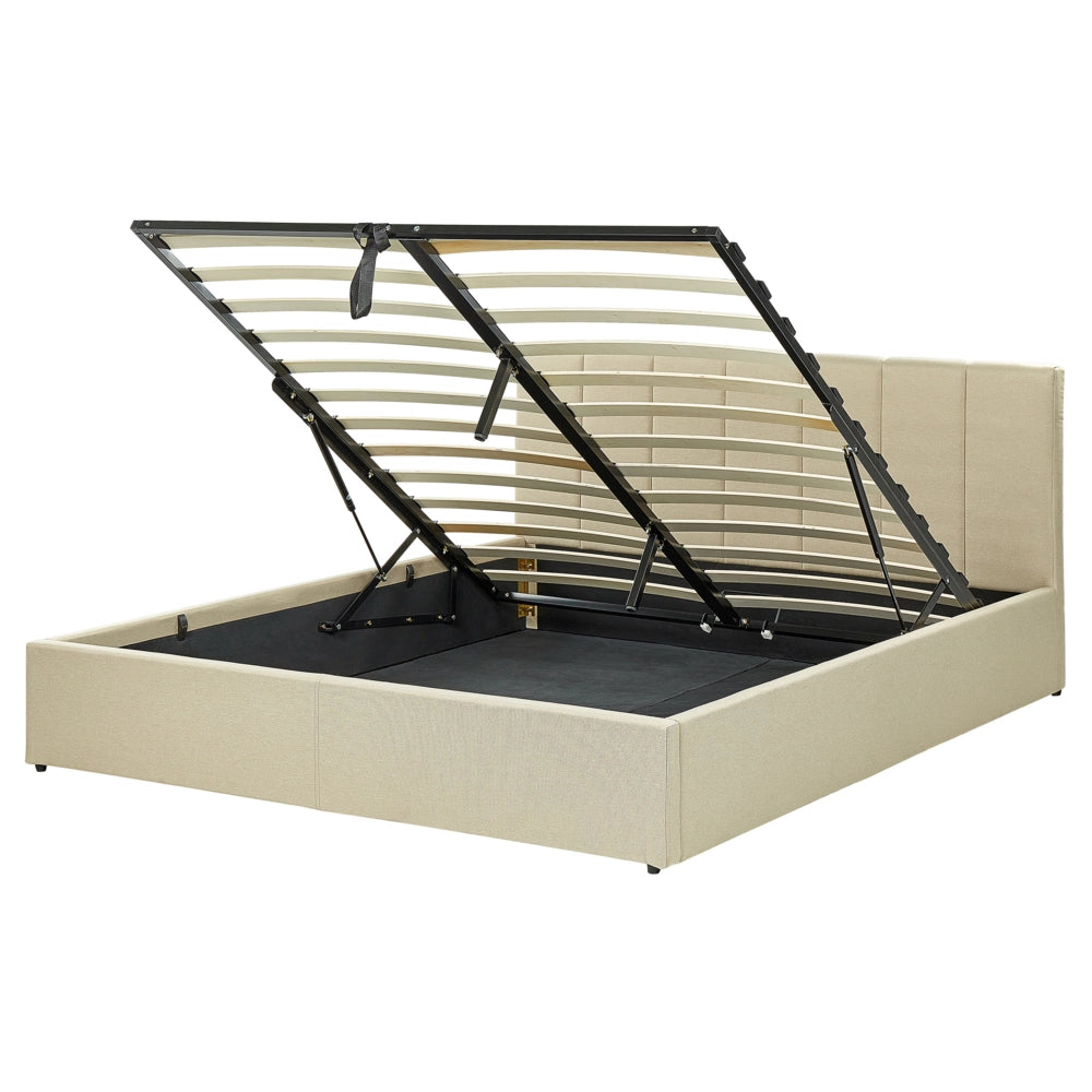 Letto contenitore Rivestimento in tessuto beige 160 x 200 cm con testiera a doghe