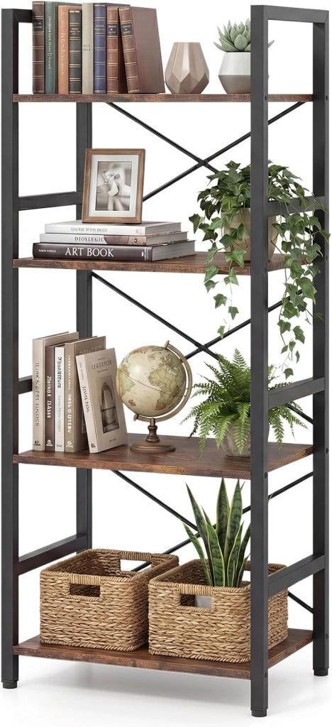 Libreria a 4 Ripiani, Scaffale Portaoggetti con Struttura in Metallo, con Ripiani Aperti e Design Anti-caduta, per Soggiorno Ufficio Casa, 41,5x27,5x100 cm (Naturale)