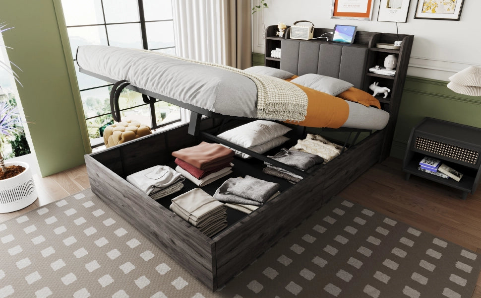 DESMIU Letto contenitore 140 × 200 cm 2 posti con USB, Type-C, ripiani testiera, senza materasso, grigio