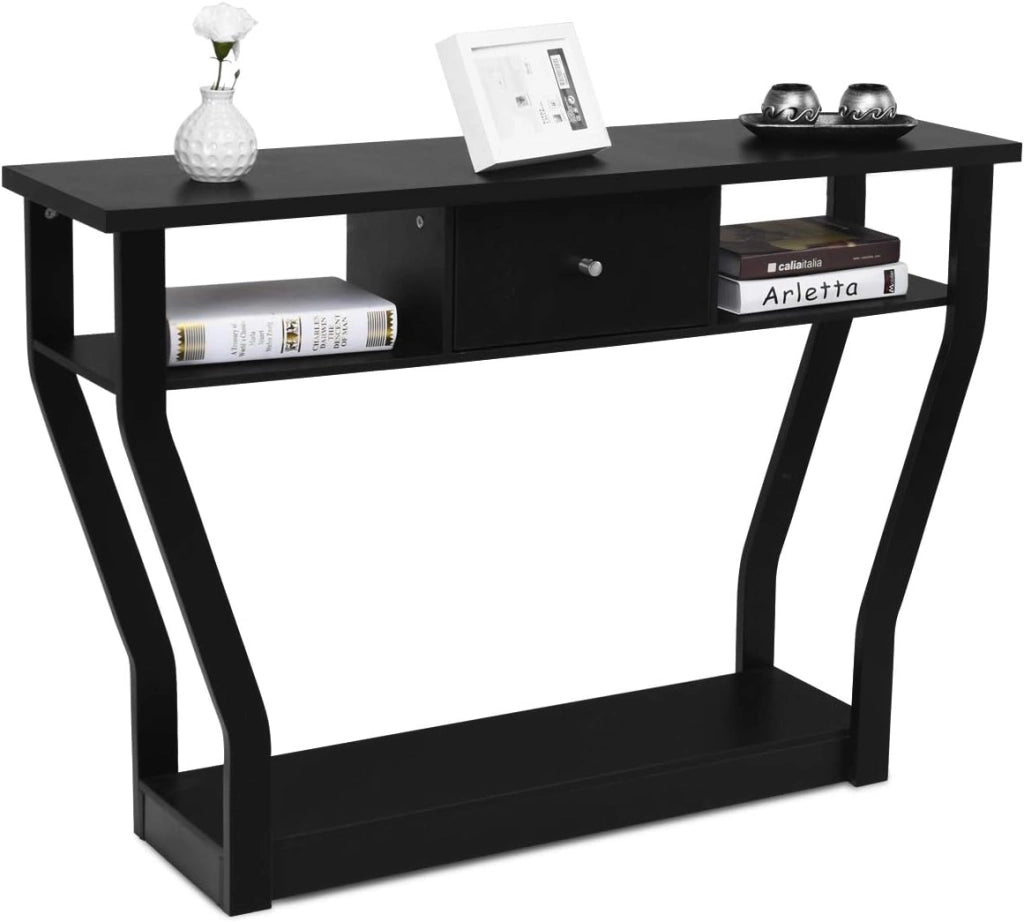 Tavolo Consolle Legno, a 3 Ripiani, Stretto e Compatto, Cassetto con Manico, Console per Soggiorno, Salotto, Ingresso, Portata di 60 kg, 120x30x81cm, 3 Colori (Grigio)