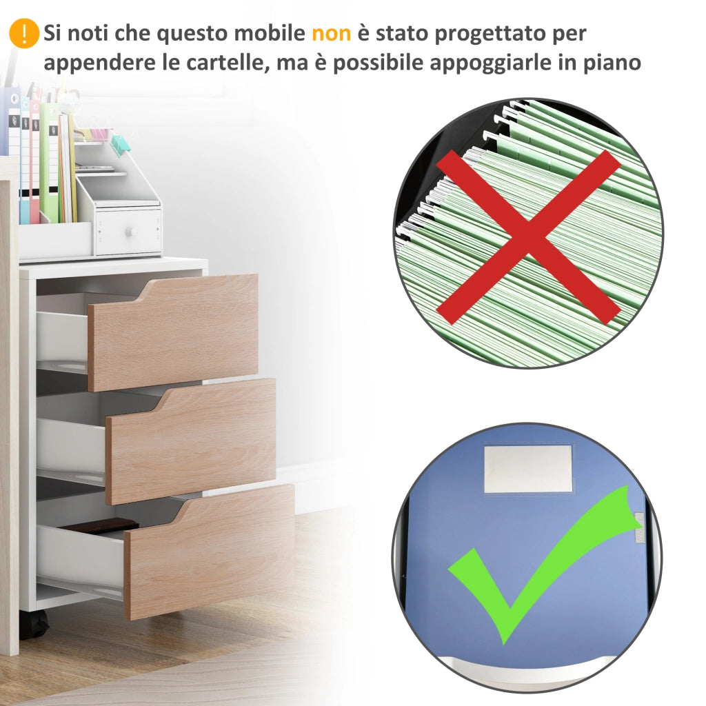 Cassettiera 3 Cassetti in MDF con Ruote ¨C zephmum ¨C Bianco Legno 40x50x57.5cm