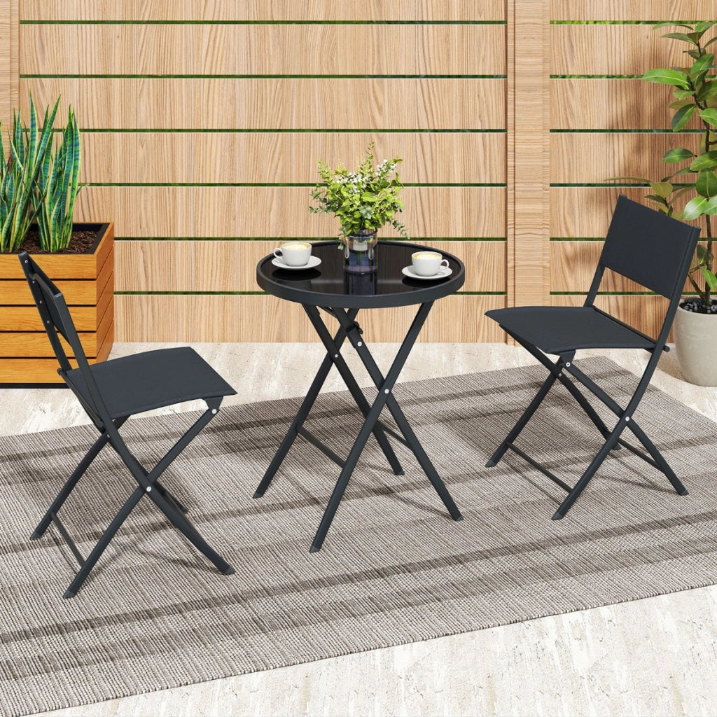 Set di 3 bistro pieghevole mobili da pranzo con sedili in tessuto traspirante e piano, Tavolo e sedie da esterno con struttura-Set mobili da esterno