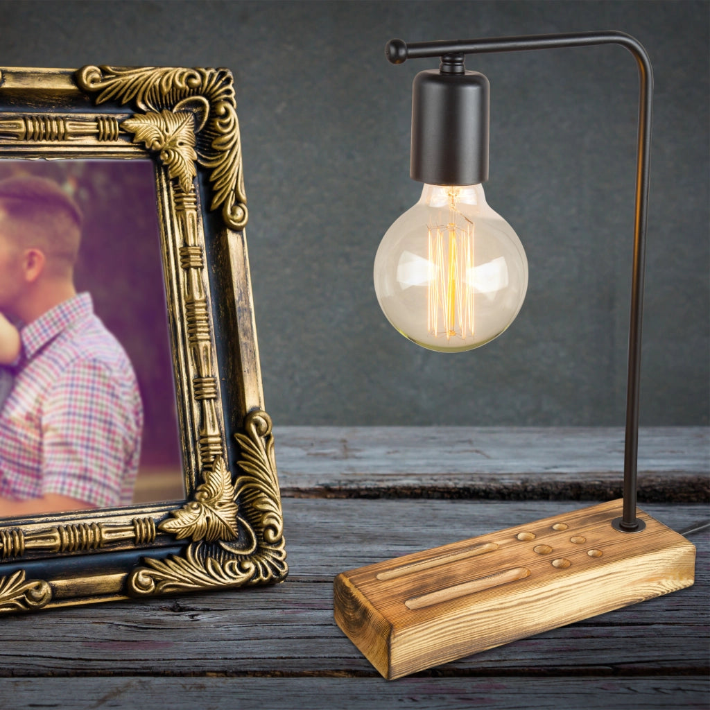 Lampada da Tavolo 'Lincoln' Senza Paralume Base in Legno con Portapenne e Porta Cellulare - Nero/Legno  [lux.pro]
