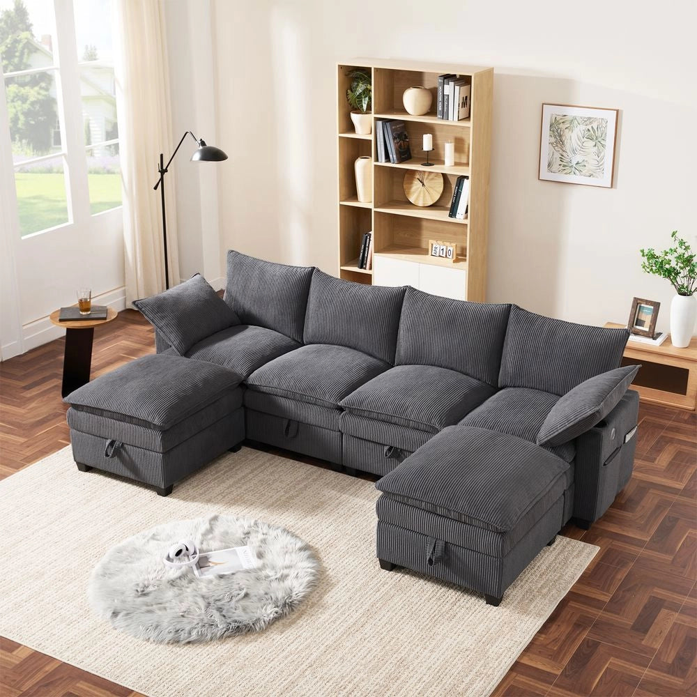 Divano moderno a L - Xylo - Velluto, USB, poggiapiedi, ripostiglio, grigio