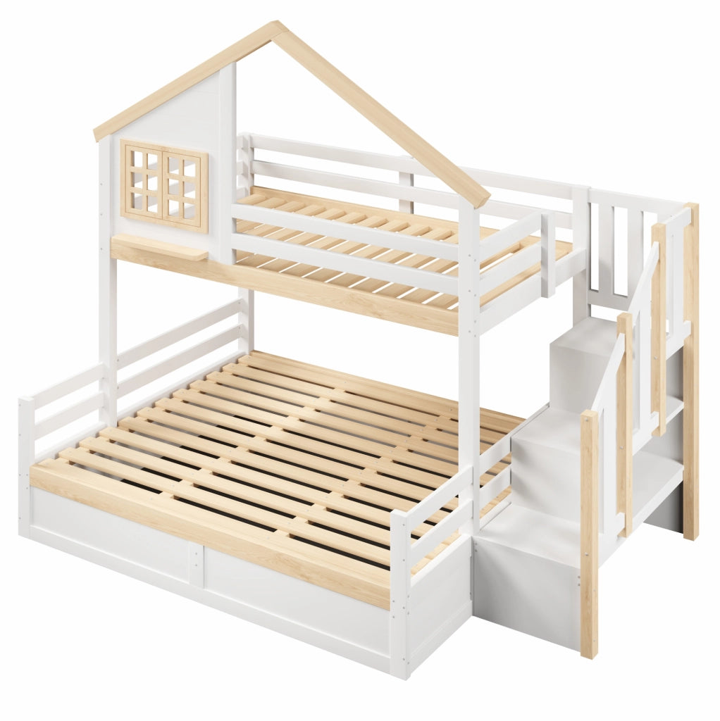 Letto a castello con contenitore idraulico 90x200/140x200 cm; bianco e naturale