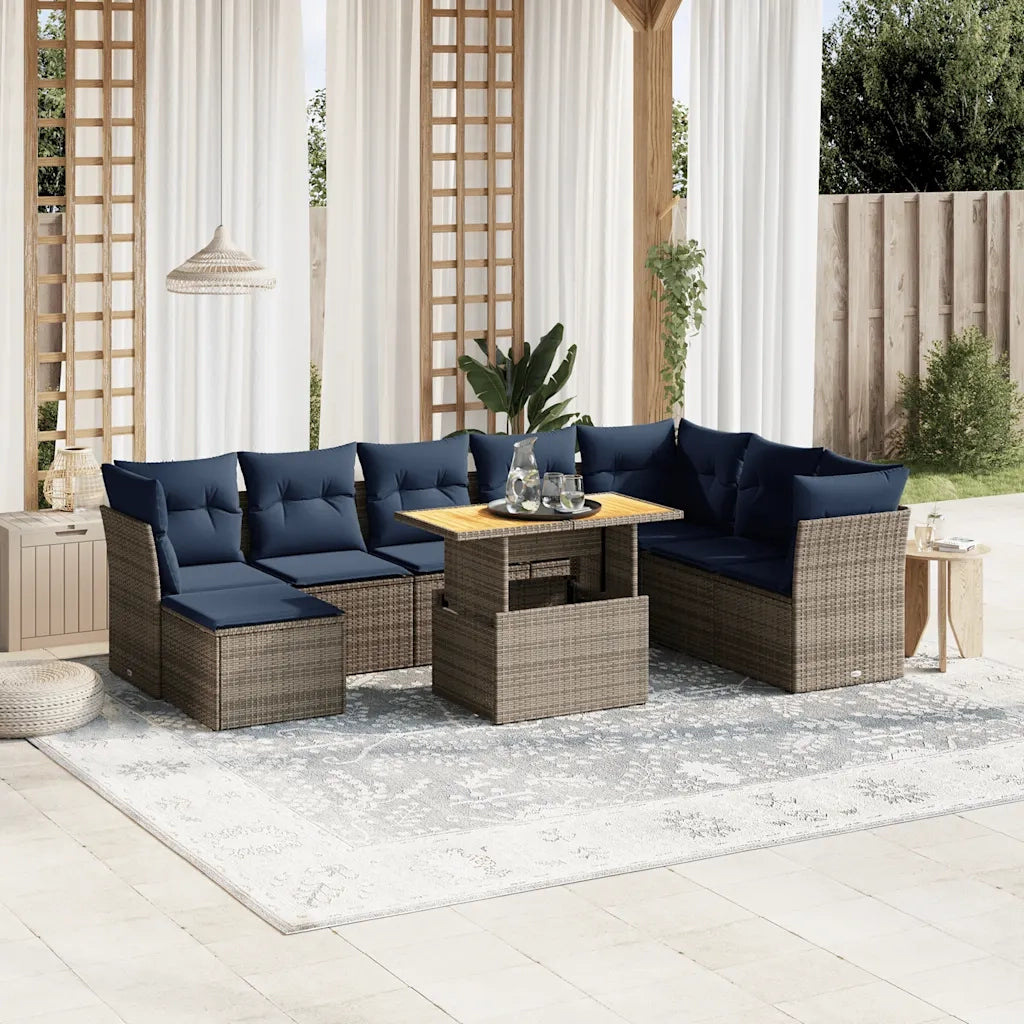 Set Divani da Giardino 9 pz con Cuscini Grigio in Polyrattan