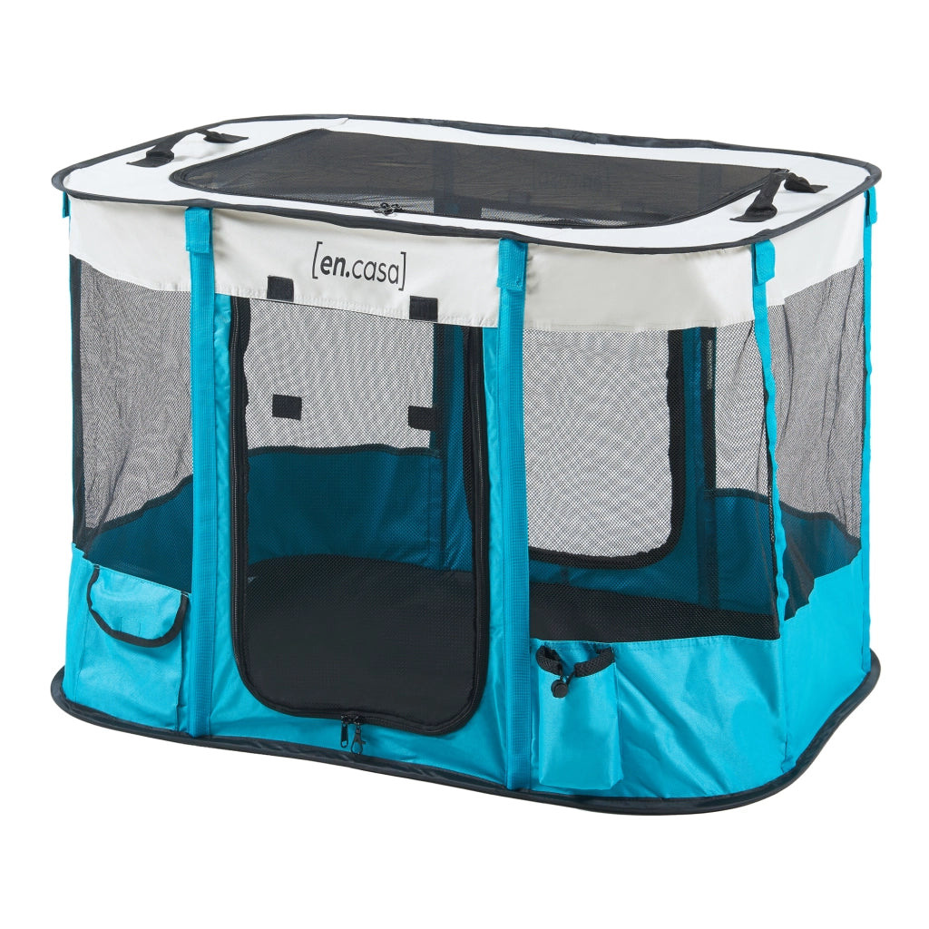 Kennel Pieghevole Mörbylånga Rifugio Portatile per Cani e Gatti 90 x 70 x 60 cm Blu / Beige [en.casa]