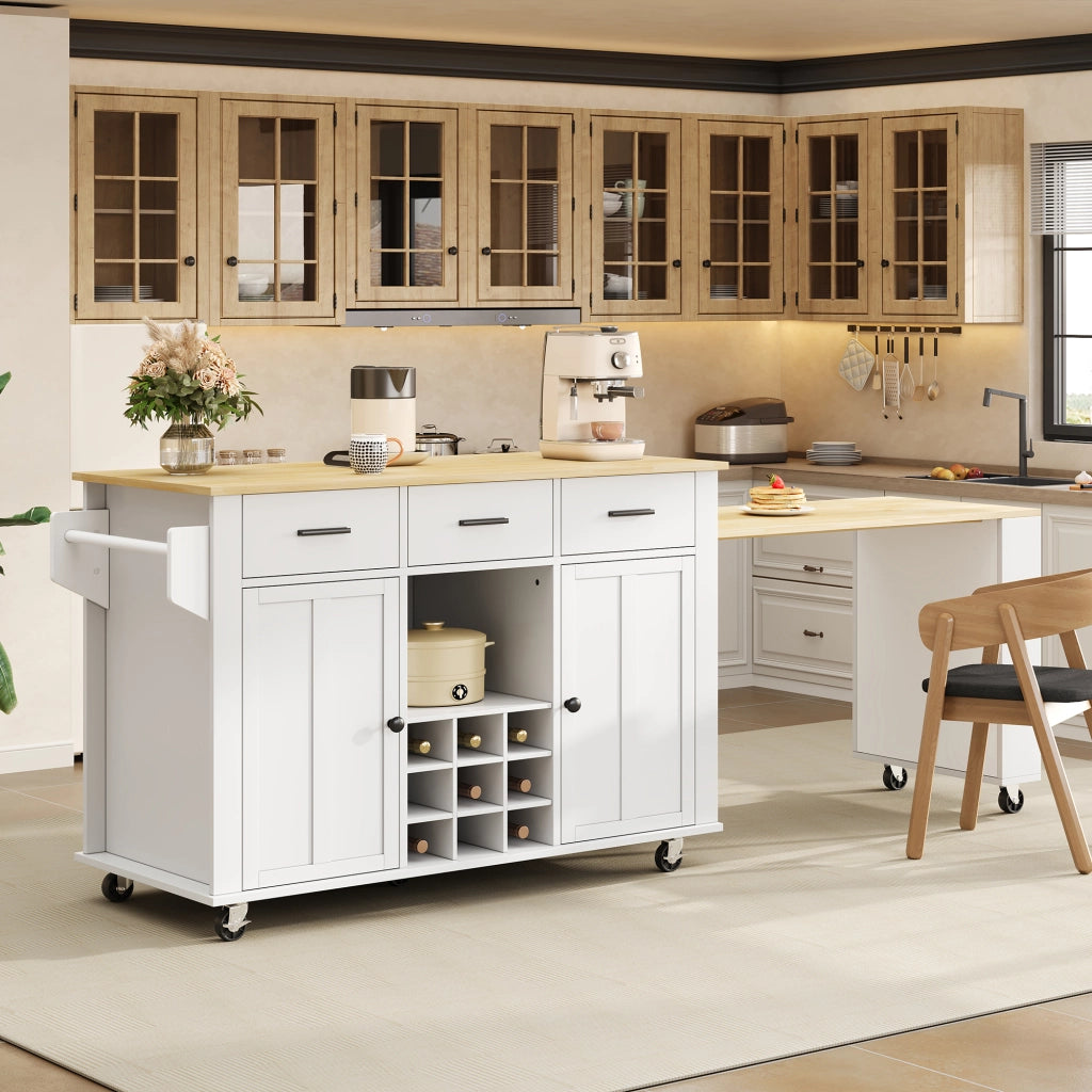 Isola da cucina mobile con piano estraibile, 3 cassetti, portabottiglie e presa USB, 136(223)x50x93 cm, MDF, Natural/White