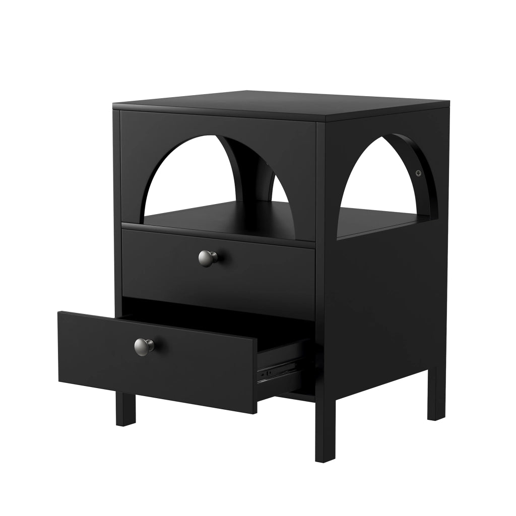 Comodino moderno multifunzione con 2 cassetti e 1 vano aperto, in MDF, per camera da letto, nero, 45 × 40 × 58 cm